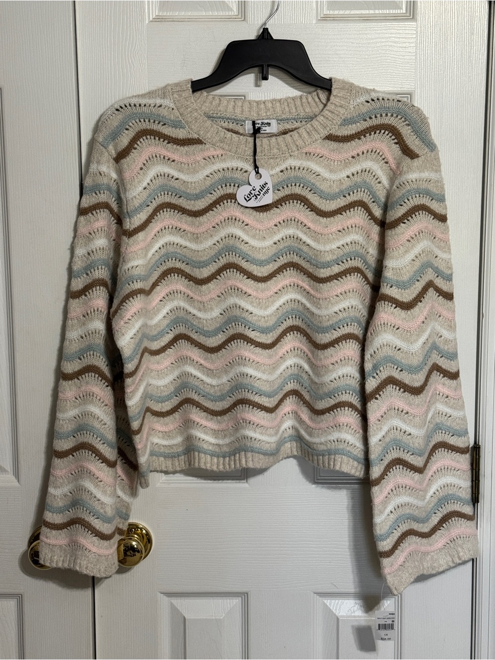 Love Knits Open-Knit Crew Sweater in Cream, Pink, Blue & Tan
